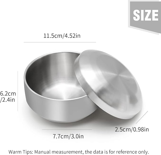 Stainless Steel Rice Bowl with Lid, Set of 2, for Korean Kitchen Restaurant, Double-walled Metal Bowls, Multi-Purpose Insulated Soup Bowls Snacks Bowls (11.5cm Silver)