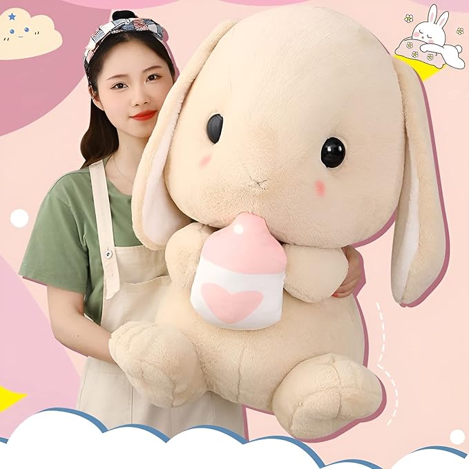 HOUPU Soft Toy - Sitting Lop Eared Rabbit, Easter White Rabbit Stuffed Bunny Animal with Carrot Soft Lovely Realistic Long-Eared Standing Pink Plush Toys (Brown-Milk Bottle,12.5in/32cm)