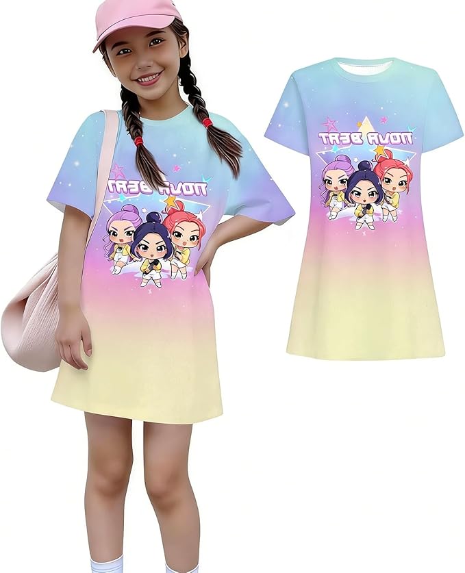 Girl's Anime K-POP Graphic Long Dress T-Shirt - Casual Loose Fit Short Sleeve Top