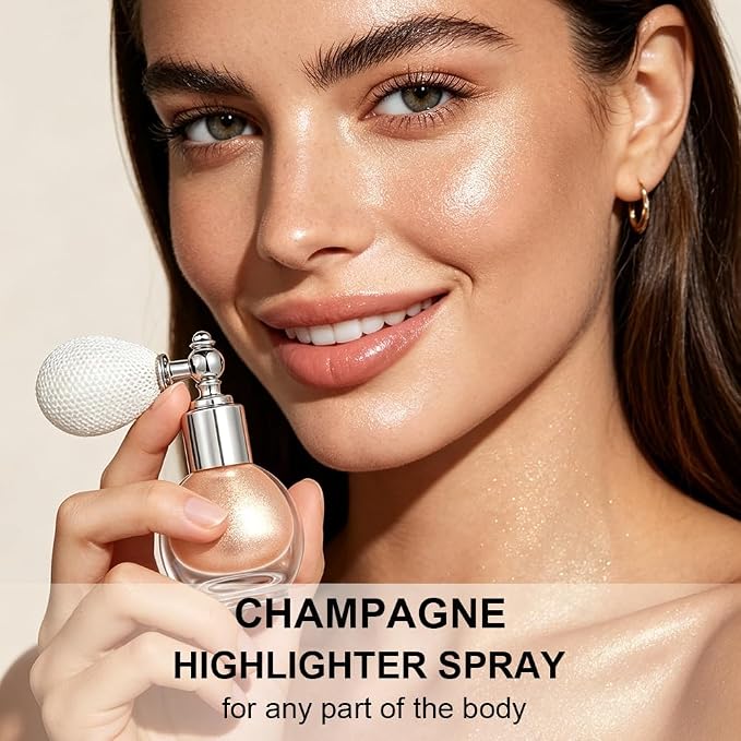 Champagne Face and Body Highlighter Spray for Natural Glow Makeup, 0.14oz | High Gloss Powder, Waterproof Shimmer Spray for Women Mardi Gras Singer Concert Music Rave Festival Outfits Accessories