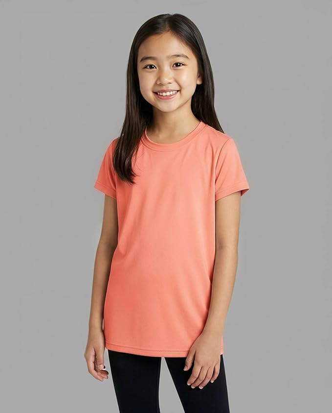 Real Essentials 5 Pack: Girls' Short Sleeve Dry-Fit Athletic T-Shirt - Active Gym Crew Neck Tops for Teens Kids (Ages 4-16)