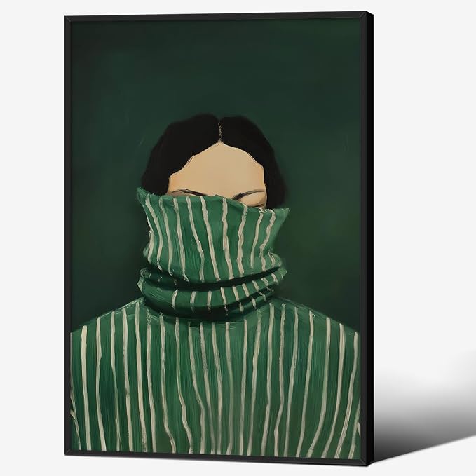 Emerald Green Feminine People Wall Art Retro Abstract Stripe Poster Funky Minimalist Eclectic Canvas Prints 16X24 inch Black Framed for Bedroom Apartment Dorm Wall Decor
