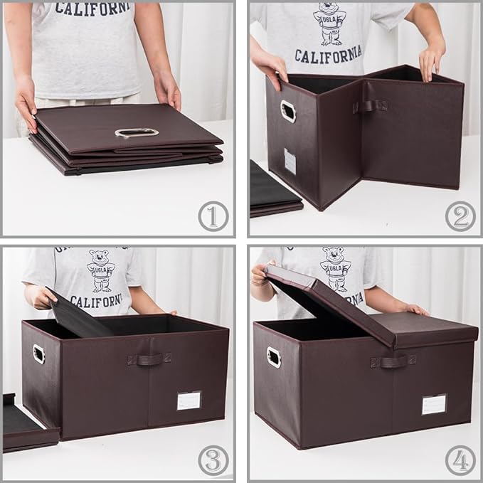 Collapsible Storage Box with Lid [1-Pack] Leather Fabric Foldable Storage Bin Organizer Container Basket Cube with Cover for Home Bedroom Closet Office Nursery Brown (22.8X15.7X11.8)