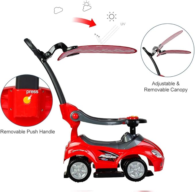 ChromeWheels 3 in 1 Ride on Toys Pushing Car with Removable Sun Visor, Mega Car for Toddlers w/Handle & Horn & Music, Color Red