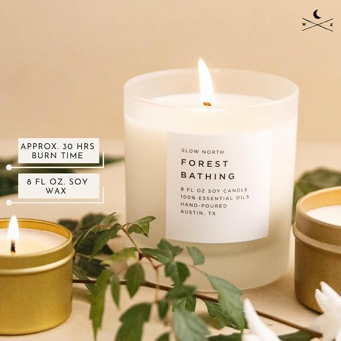 Slow North Forest Bathing Candle - Essential Oils and Pure Soy Wax Candle in a Reusable Frosted Glass Jar - A Unique and Mindful Scented Candle Hand-Poured in the USA (8 oz)