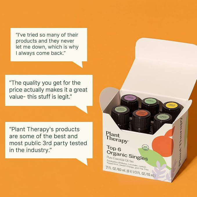 Plant Therapy Top 6 USDA Organic Essential Oil Set - Lavender, Peppermint, Eucalyptus, Lemon, Tea Tree 100% Pure, Natural Aromatherapy, for Diffusion & Topical Use, Therapeutic Grade 10 mL (1/3 oz)