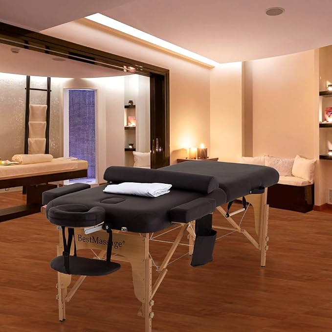 BestMassage Massage Bed Portable Massage Table 28 inch Wide Lash Bed Height Adjustable PU Leather 2 Folding with Towel Hanger Oil Pouch Half Bolster Round Bolster Non-Woven Bag