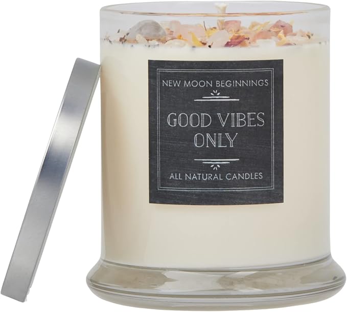 Good Vibes Only Candle by New Moon Beginnings - Negative Energy Cleansing - Soy Aromatherapy Candle - Handmade with Crystals & Herbs (12oz Round Glass Jar)