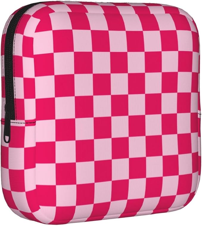 Pink And White Checkered Checker Checkerboard Square Grid Period Bag For Women,Portable Sanitary Napkin Period Pad Pouch For Purse, Small Make Up Bags