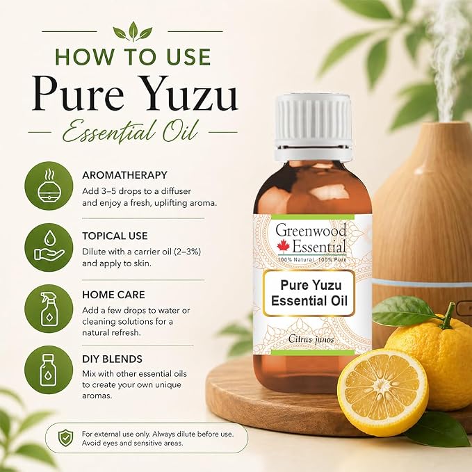 Greenwood Essential Yuzu Oil (Citrus junos) | Cold Pressed | Natural | Undiluted | For Diluting Essential Oils | For Skin & Massage | Men & Women | 5ml (0.16 oz)