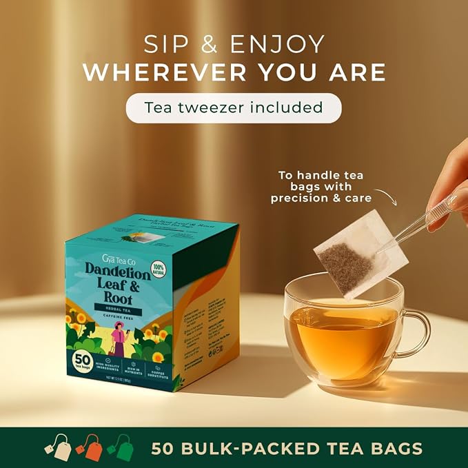 Gya Tea Co Dandelion Leaf & Root Herbal Tea Bags (50 Bags) - Caffeine Free with a Tangy Flavor for All Day Comfort, Calming, Relaxing & Nourishing - Fruit & Herbal Blends