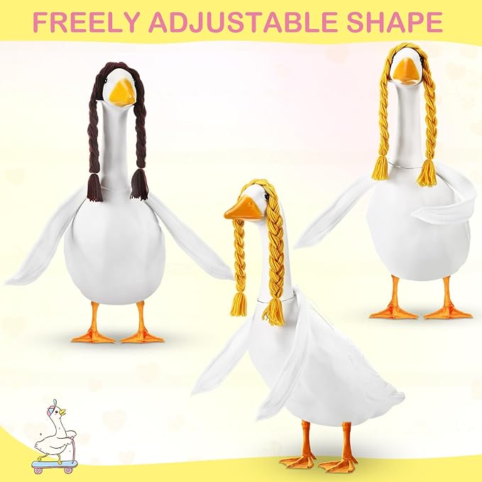 4 Pcs Poseable Goose Wings with Wigs Porch Goose Outfit Accessories Cute Goosey Braid Wigs White Poseable Wings for 23/17'' Outdoor Patio Yard Lawn Art Decoration(Farmhouse)