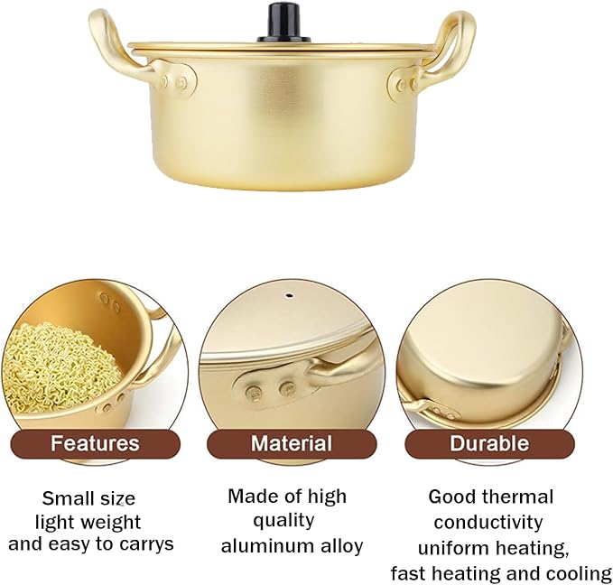 Korean Ramen Noodle Pot, Ramen Noodle Cookware Yellow Aluminum Non Stick Korean Traditional Quick Cooking Bowl for Open Fire and Electric Ceramic Stove(16cm Pot)