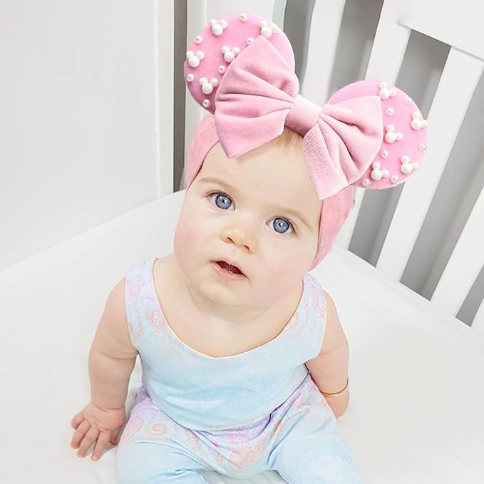 JIAHANG Baby Girl Pink Velvet Mouse Ears Turban Headband with Pearls, Beaded Velvet Hair Bow Hairband for Infants Toddlers Kids