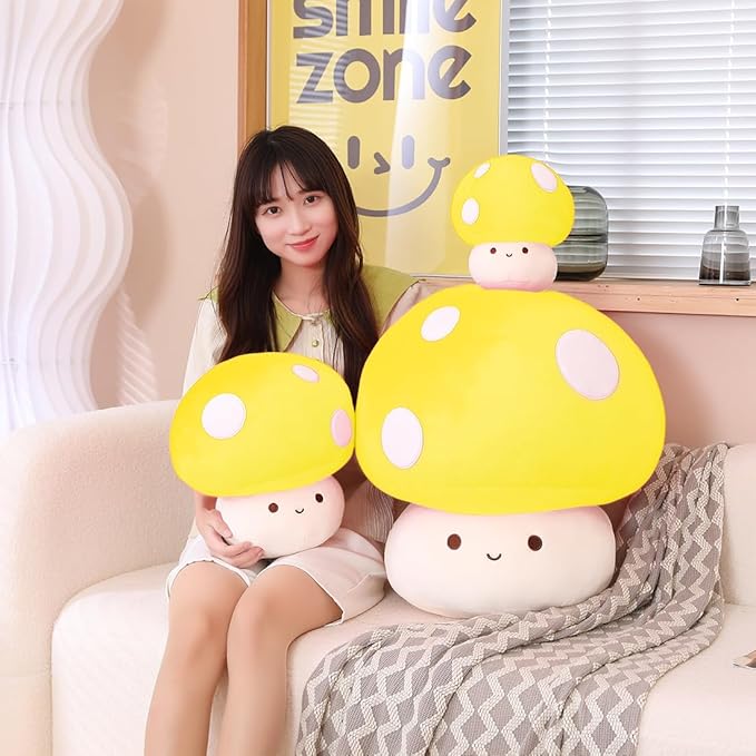 Cute Yellow Mushroom Plush Pillow, 3D Soft Mushroom Plushie Hugging Pillow Gift for Girls Kids Home Decor Christmas Birthday, 25cm