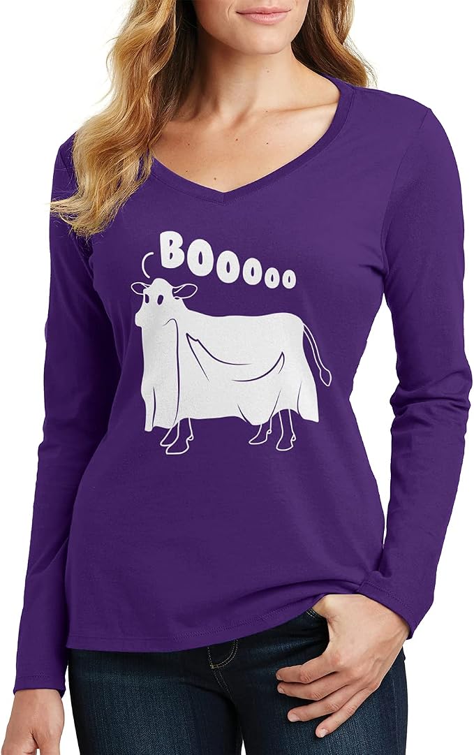 Threadrock Women's Cow Ghost Saying Moo Long Sleeve V-Neck T-Shirt