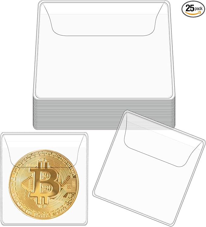 Mabor 25Pcs Coin Sleeves 2.1 x 2.1 Inches Clear Coin Protectors Single Pocket Small Pouches for Coin Storage Individual Plastic Coin Holders for Coin Currency Bills Collectors