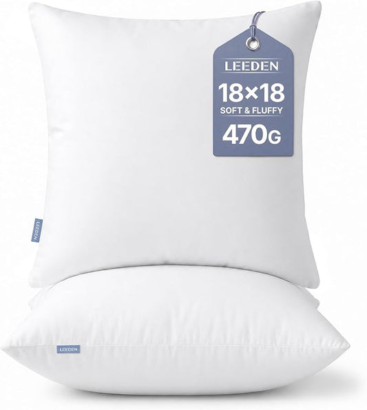 Leeden 18x18 Pillow Inserts Pack of 2, 18 Inch Throw Pillow Inserts, Soft Fluffy Decorative Square Throw Pillows for Couch, Sofa, Bed, and Home Decor White Pillows
