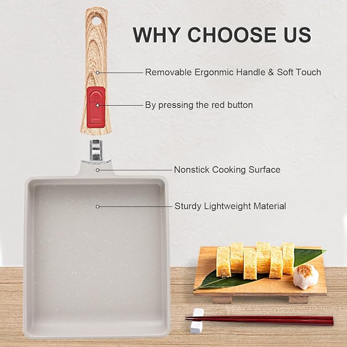 AIKENBBKK Tamagoyaki Japanese Omelette Pan, Japanese Egg Pan, Square Egg Pan Nonstick, Induction-Ready, Detachable Handle, with Silicone Spatula, PFAS & PFOA-Free, Oven Safe, White, 9" x 8.2"