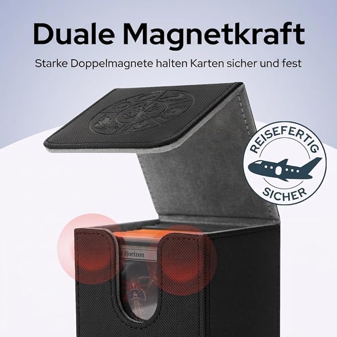 Card Deck Box for MTG Commander – Fits 100+ Single Sleeved Cards, Strong Magnet Deck Case for Magic: The Gathering, Premium PU Leather Storage for TCG CCG (Black)