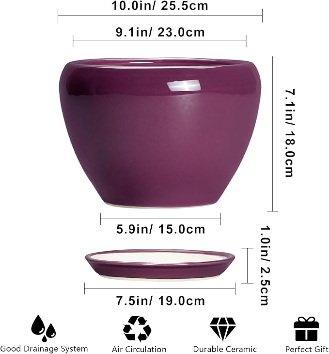 Ceramicfor 10 Inch Plant Pot - Ceramic Planter with Drainage Hole and Saucer, Round Modern Flower Pot for Indoor Outdoor Plants, Housewarming Gift, Home Garden Decor, Purple