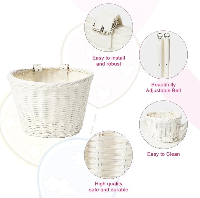 Kid's Bicycle Basket,Colored Tassels Wicker Front Handlebar Bike Basket Handlebar with Streamers Bell and Stickers,Bicycle Decoration for Girls and Boys
