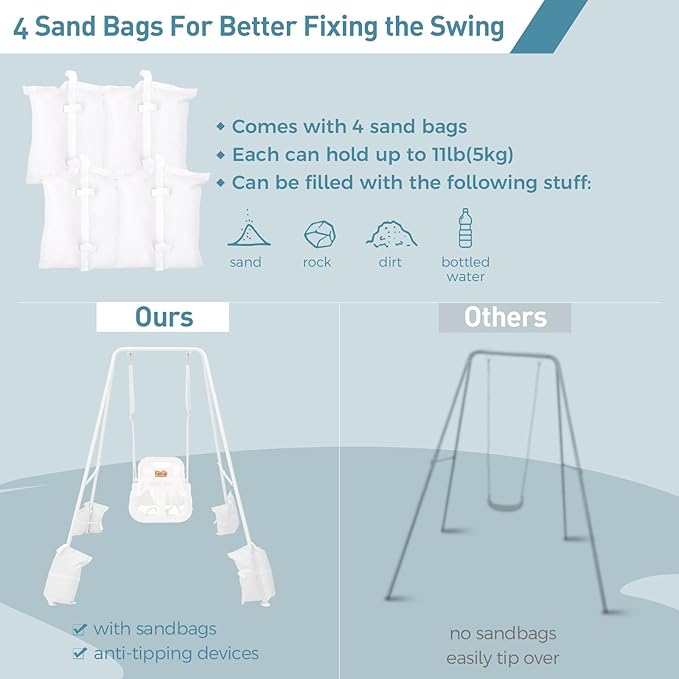 FUNLIO Toddler Swing with Foldable Metal Stand for Toddlers Aged 1~10 Years, 3-in-1 Baby Swing Set with 4 Sandbags for Backyard/Indoor/Outdoor Play, Easy to Assemble & Store, White