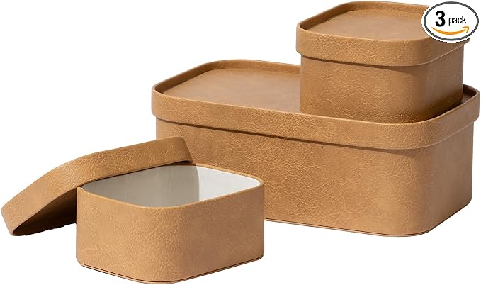 La Jolie Maison Faux Leather Decorative Storage Baskets, Camel 3 Pack | PU Leather Stroage Boxes with Lids, Organizer for Jewelry and Vanity, Shelves, Drawers, Bedroom & Closet Storage Memory Box