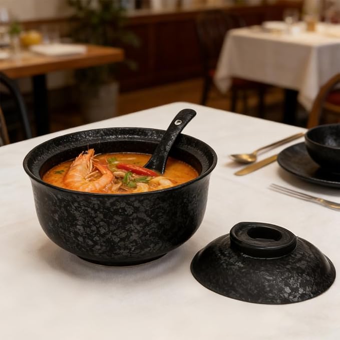 25 Oz Black Microwavable Ramen Bowl with Lid, Spoon & Chopsticks - Large Ceramic Japanese Soup Bowl, Korean Style Clay Pot for Noodles, Soup & Rice