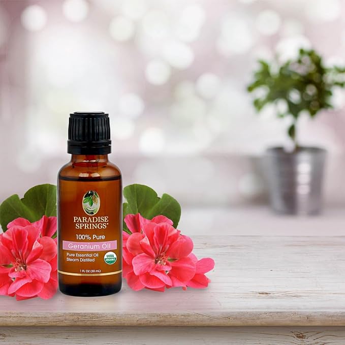 Paradise Springs Organic Geranium Essential Oil 1 fl oz (30ml) | 100% Pure & Natural Geranium Oil for Aromatherapy, Diffusers, Humidifiers, Massage & Home Fragrance