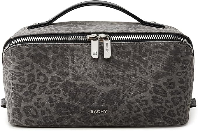 EACHY Travel Makeup Bag, Large Capacity Cosmetic Bag for Women, Waterproof PU Leather, Flat Open Portable Toiletry Bag for Skincare, Brushes & Travel Essentials