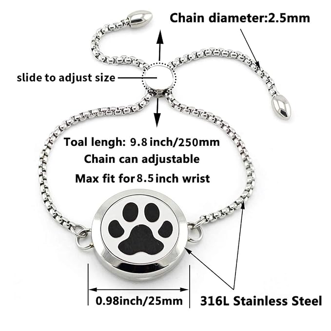 Essential Oil Diffuser Bracelet 25mm Diffuser Locket Chain Dog Paw Stainless Steel Bracelet Set Adjustable Bracelets Jewelry Gift for Women Men