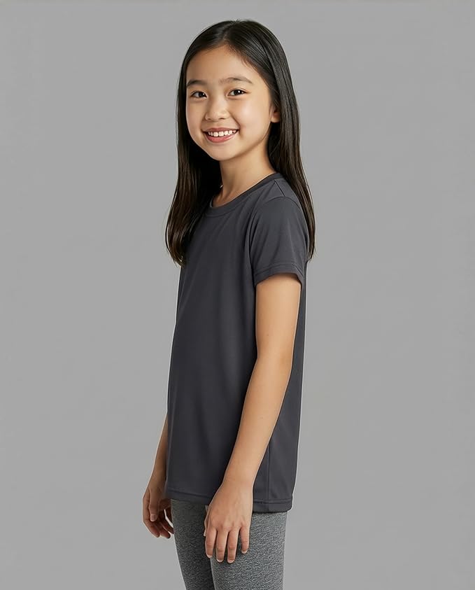 Real Essentials 5 Pack: Girls' Short Sleeve Dry-Fit Athletic T-Shirt - Active Gym Crew Neck Tops for Teens Kids (Ages 4-16)
