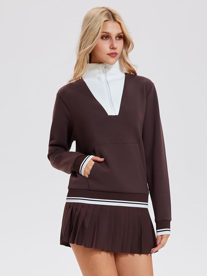 Airfree Women Two Piece Tennis Skirt Set Golf Outfits Half Zip Oversize Pullover Sweatshirt 2 Piece Skirt Sets with Pockets