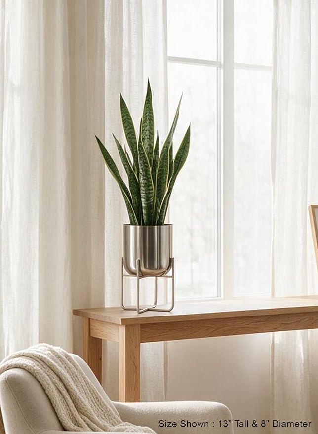 Serene Spaces Living Gold Planter with Detachable Metal Stand, Decorative Indoor Planter Pot, Flower Pots Stand for Living Room, Kitchen, Office, in 3 Sizes (Silver - Short)