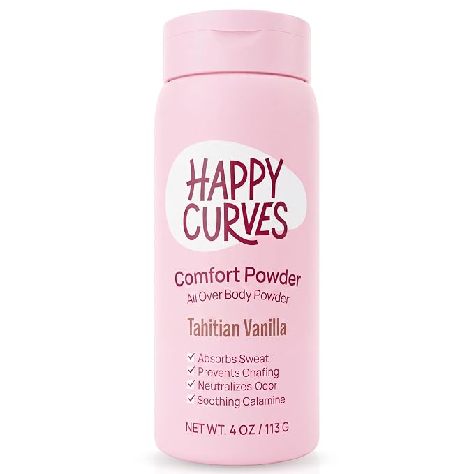 HAPPY CURVES Comfort Powder: Talc Free Anti Chafe Body & Foot Dusting Powder Deodorant for Inner Thigh Chafing, Private Areas, and All Over Body for Women 4oz (Pack of 1), Tahitian Vanilla