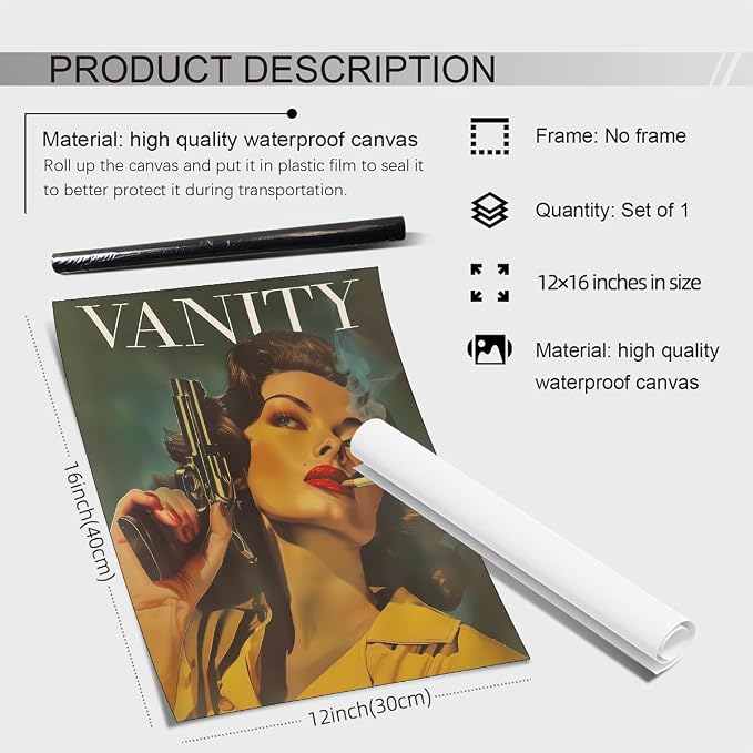 Haitunone Woman Smoking A Cigarette Wall Art Trendy Eclectic Feminist Poster Vintage Woman With A Gun Canvas Prints Badass Bestie Wall Decor for Girl Dorm Apartment 12X16 inch Unframed
