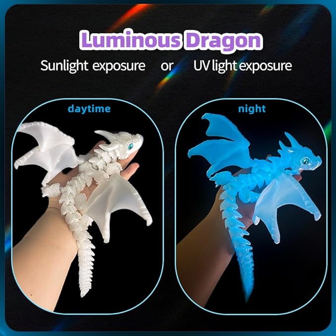3D Printed Dragon with Wings,3D Printed Animals Toys, Fidget Dragon Toys, Flexible Articulated Winged Crystal Dragon Model,Desktop Pet Deco (Luminous-Blue)