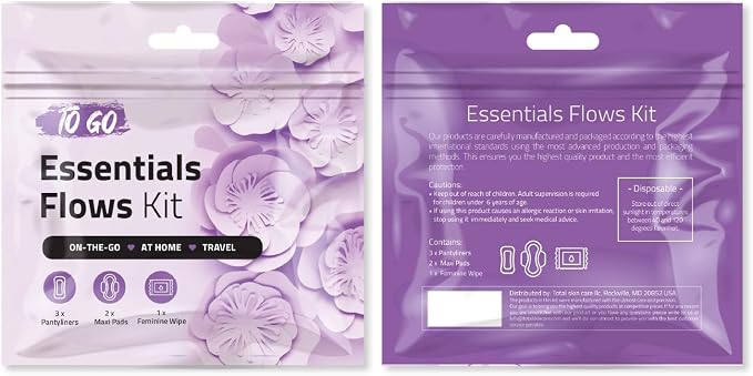 Essential Flows Kit – 3 Pantiliners, 2 Maxi Pads & 1 Feminine Wipe in Compact Zip Bag – Thin, Light, and Travel-Ready for Women & Girls – Single Pack (Purple)