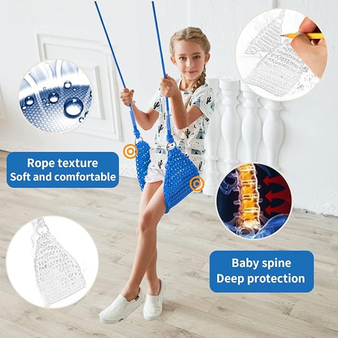 Hand-Knitting Kids Swing, Indoor Outdoor Portable Tree Swing Seat,Adjustable Ropes, with Hanging Strap and Snap Hook for Camping Hiking Backyard Playset and Playroom, Easy Install(Blue)