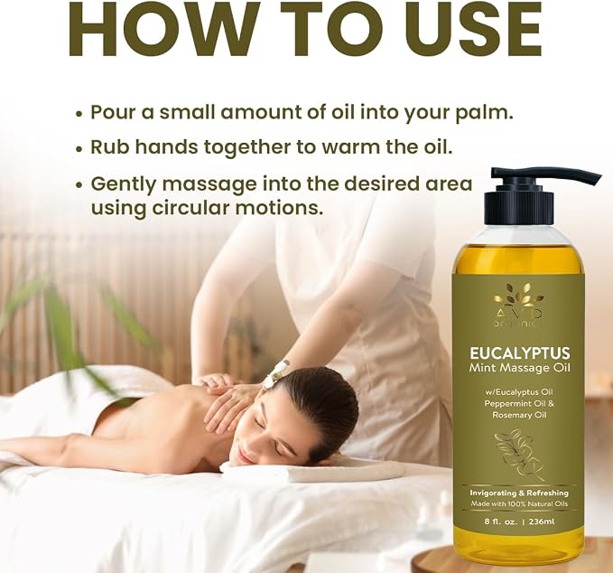 AVD Organics Eucalyptus Mint Massage Oil 236 ML | 100% Pure and Natural | Revitalizing & Cooling Aroma | Blended with Eucalyptus Sesame and Coconut Oil | for Both Men and Women | 8 fl oz