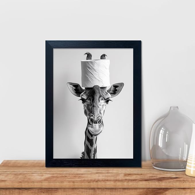 Framed Funny Bathroom Wall Art, Giraffe with a Toilet Paper Roll on Head Decor, Black and White Bathroom Pictures Wall Decor, Humor Animal Canvas Print Artwork