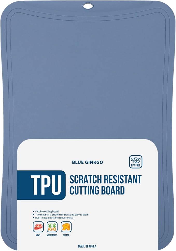 Blue Ginkgo TPU Cutting Board, Medium, Made in Korea, Blue | Gentle on Knife Edges. Flexible and Durable.