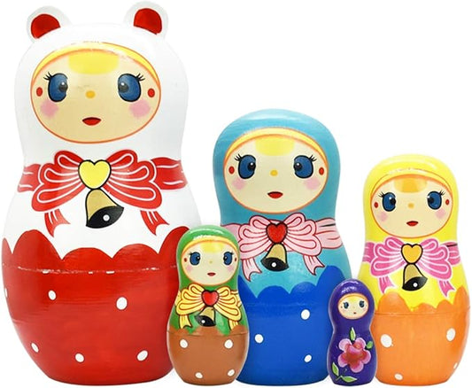 Tphon Nesting Dolls 5pcs Handmade Russian Wooden Matryoshka Dolls Cute Cartoon Pattern Nesting Doll Toy Stacking Doll Set for Kids Christmas and Birthday