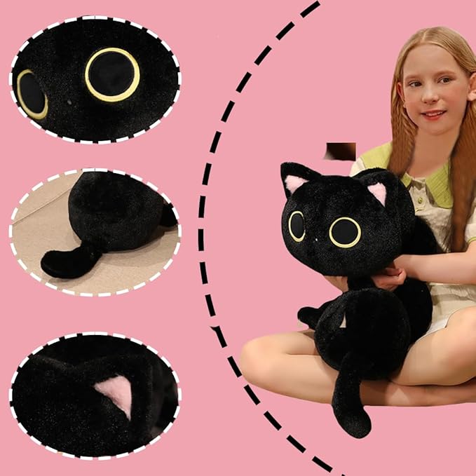 ELAINREN Furry Black Kitten Stuffed Toy Ultra-Soft Cat Big Plush Hugging Pillow Cuddle Kitty Plushie Cushion Decor Gifts/31.5''