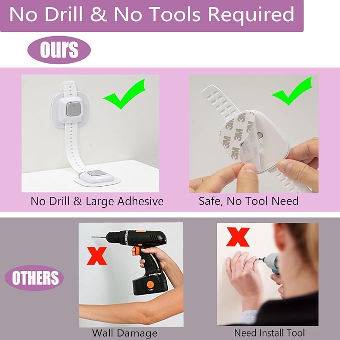 No Drill Furniture Anchor, Adjustable Strap, 2 Packs | Anti-tip, Baby Proofing, 3M Adhesive, Multi-Purpose