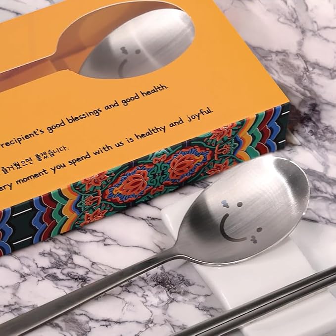 Korean Smile Spoon and Chopsticks Set, Stainless Steel, Hangul Engraved | Gift ready palace inspired box, made in Korea