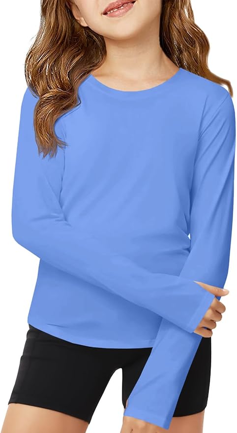 ZDC Girls Long Sleeve Athletic Shirts Kids Crewneck Quick Dry Workout Yoga Tops Basic Tees Activewear