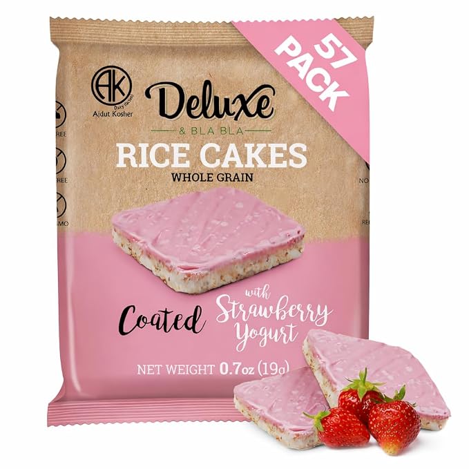 Deluxe & Bla Bla Rice Cakes 57 Pack – Whole Grain, Gluten-Free, Kosher, Low-Calorie Snack – Coated with Strawberry Yogurt – Healthy & Crunchy Treat – Individually Wrapped, (19g Each)