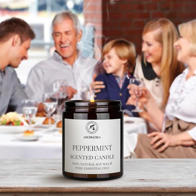 Scented Candle Peppermint - Soy Wax Candles with Essential Oil - Aromatherapy Candle - Soywax 150g - Up to 45 Hours Burn Time - Home Scented Candles - Glass Candle Gift